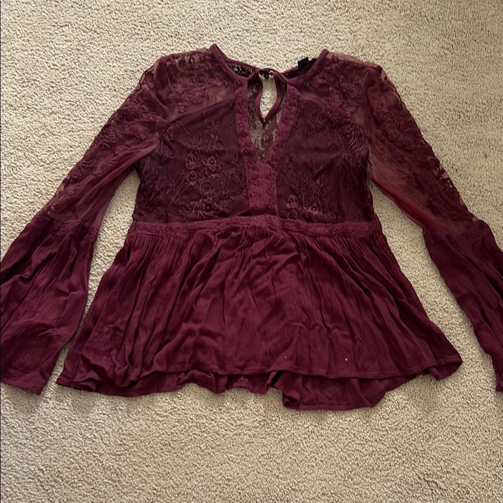 American Eagle Outfitters Red Peplum Blouse with Mandarin Collar